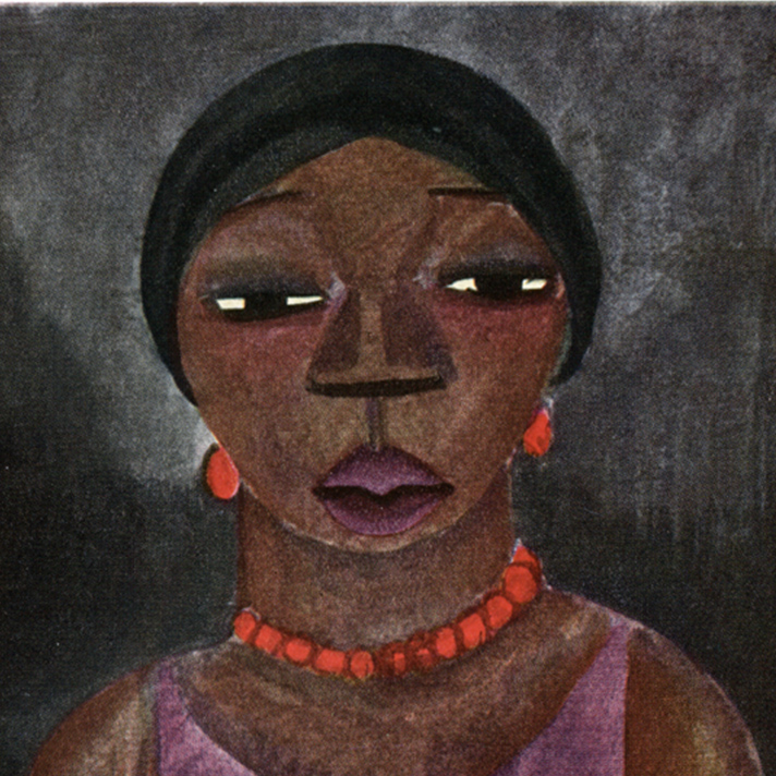 A painted portrait of a person with dark skin, wearing a sleeveless purple top and a necklace made of round red beads. The background is a textured, dark gray color with a subtle halo effect behind the subject's head. The style is expressive and painterly, with visible brushstrokes.