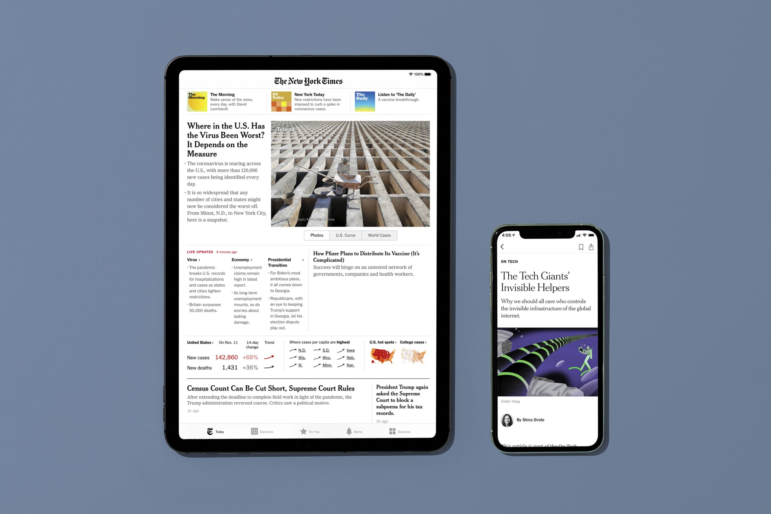 Photo of a tablet and cell phone side-by-side. Each displays the homepage of New York Times.