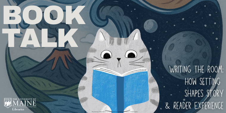 Poster for “Book Talk: Writing the Room—How Setting Shapes Story & Reader Experience,” featuring a gray cat reading a blue book against landscapes and planets.