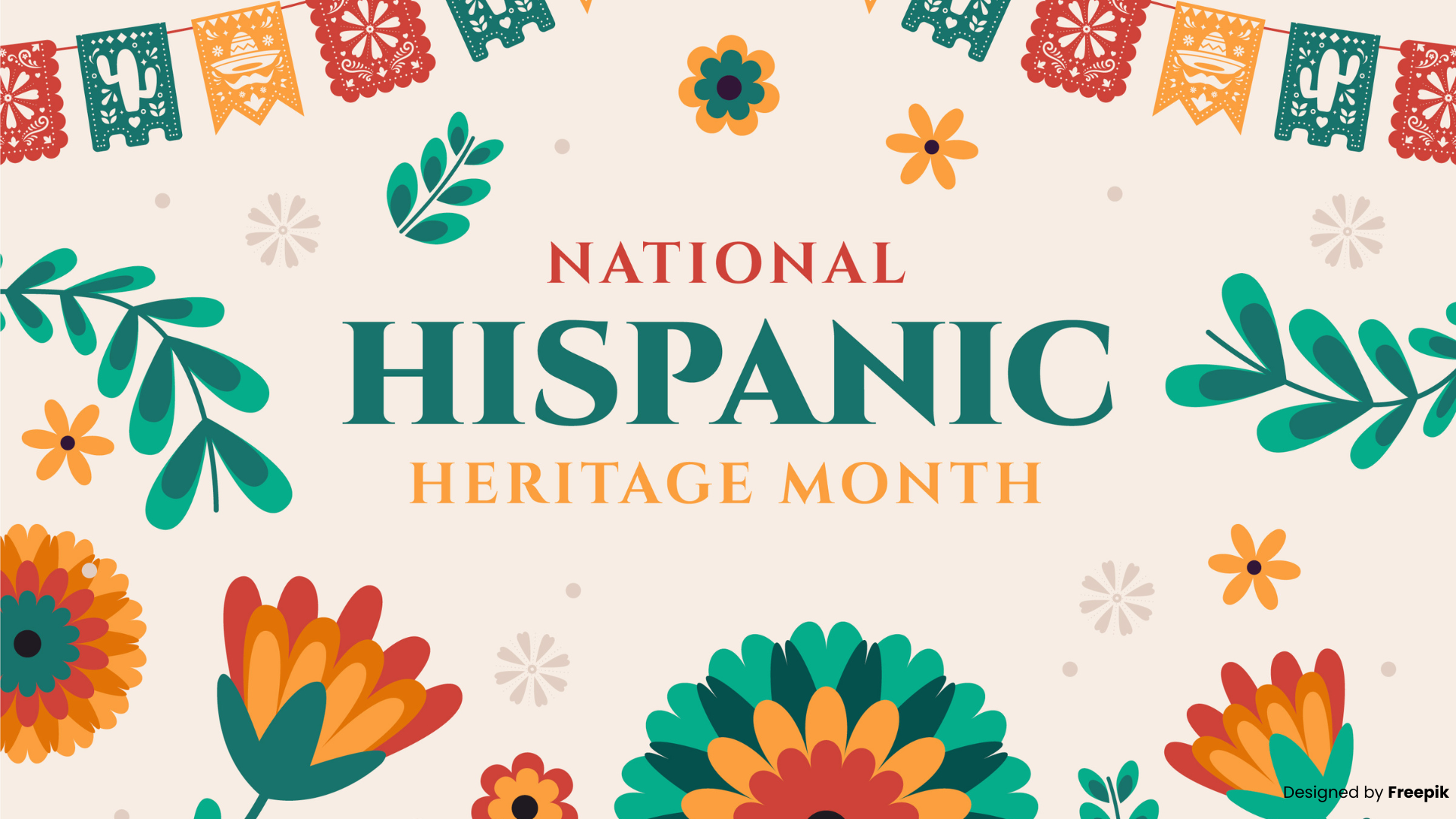 National Hispanic Heritage Month celebration graphic with vibrant floral patterns, traditional Hispanic motifs, and festive banners. Colorful design highlights cultural heritage and diversity. Text reads 'National Hispanic Heritage Month'. Design by Freepik.