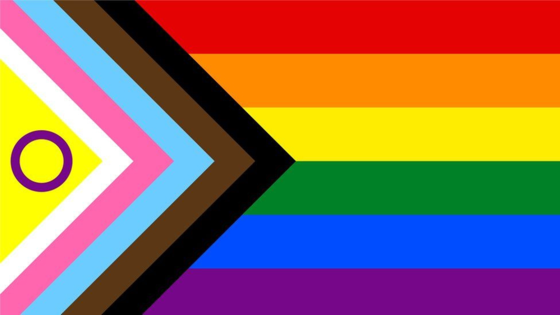 LGBTQ+ pride flag with chevron representing marginalized communities, transgender, non-binary, and intersex identities.