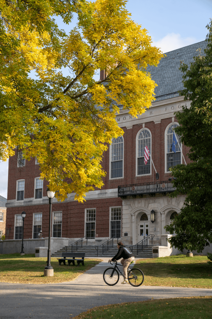Raymond H. Fogler Library exterior in autumn, framed by golden tree branches, with a person riding a bicycle along the path in front of the building.