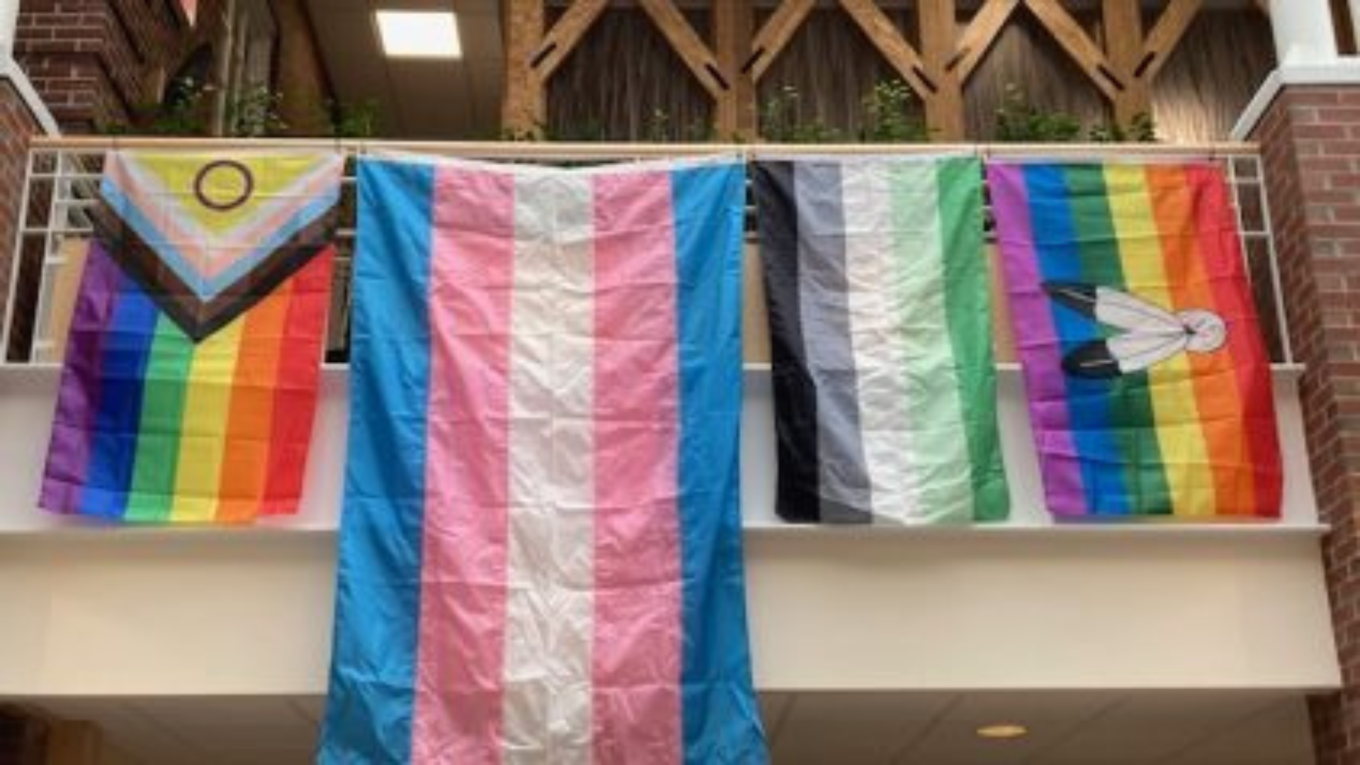 Multiple LGBTQ+ pride flags, including a large transgender flag, draped over an indoor balcony railing.