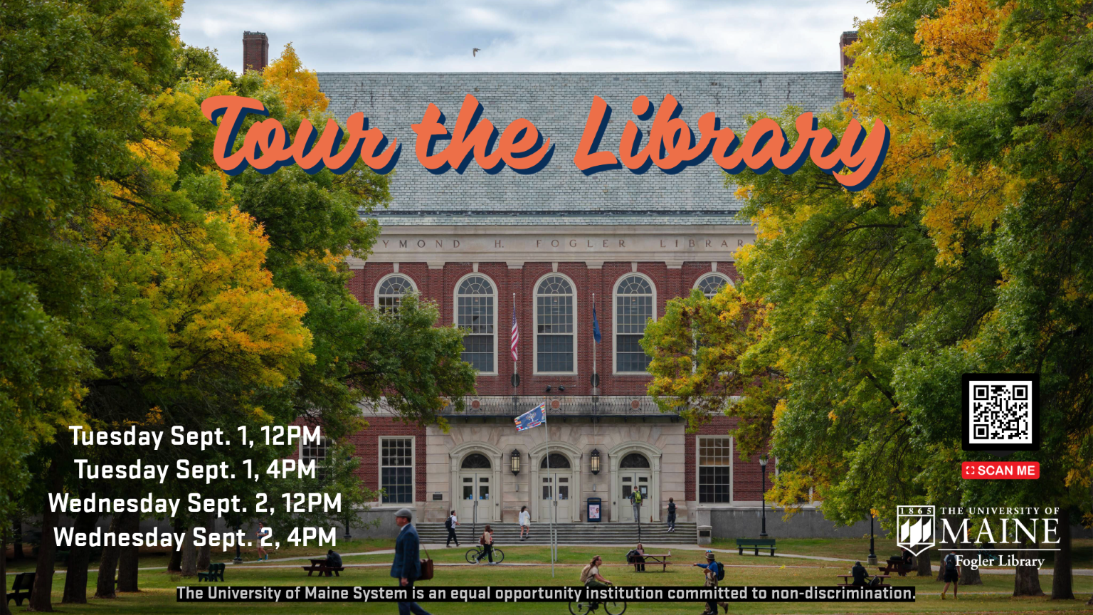 Promotional graphic titled "Tour the Library" featuring the exterior of Raymond H. Fogler Library surrounded by autumn trees.