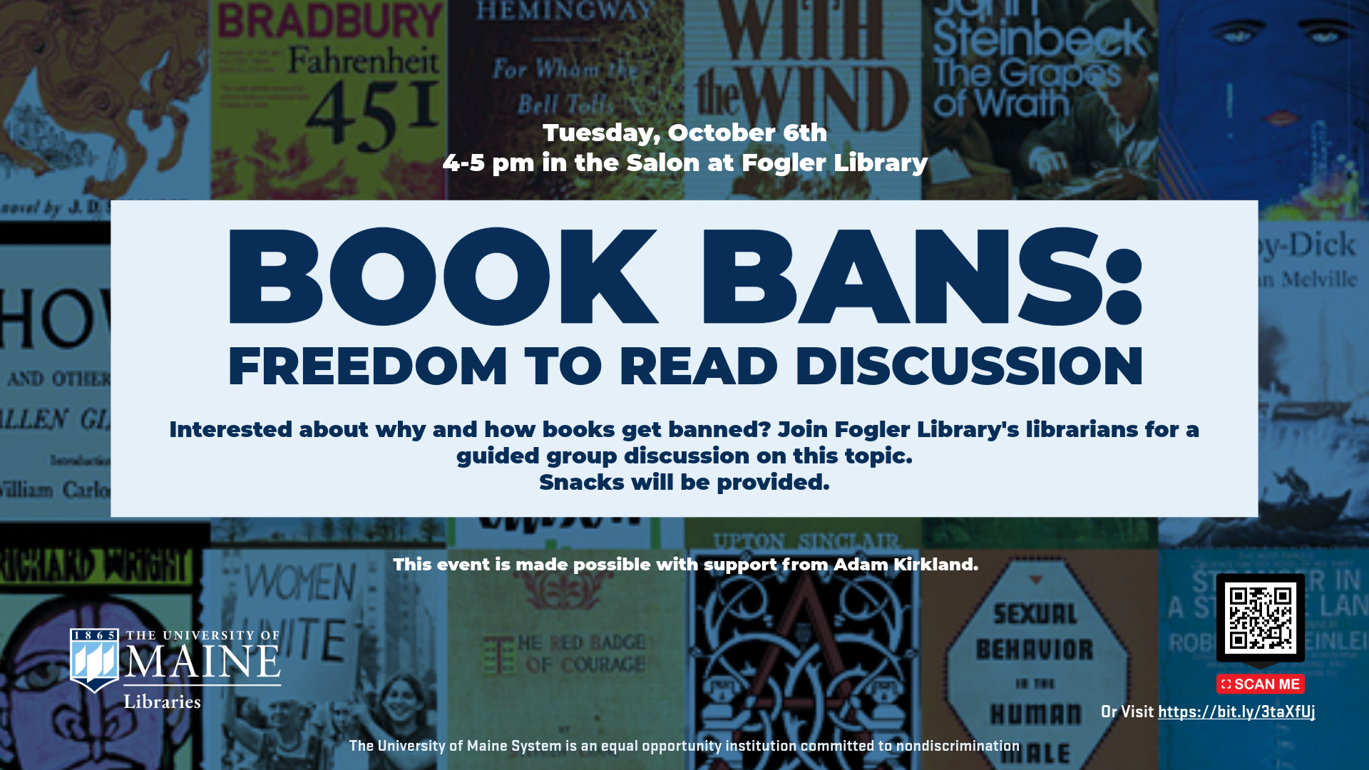 Workshop flyer for “Book Bans: Freedom to Read Discussion,” featuring a collage of frequently challenged book covers, and event details