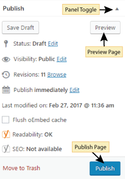 Panel toggle button, page preview button, publish button