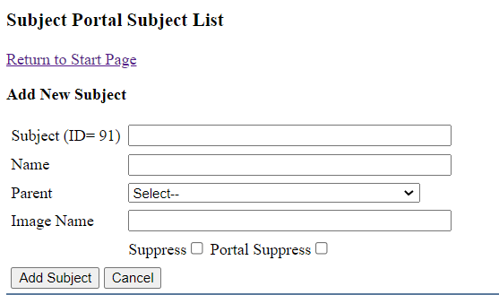 Subject Portal Add New Subject interface