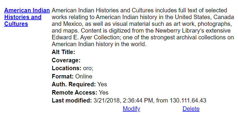 Database listing for American Indian Histories and Cultures