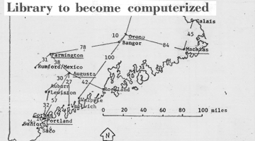 A headline from a 1986 article, "Library to become computerized"