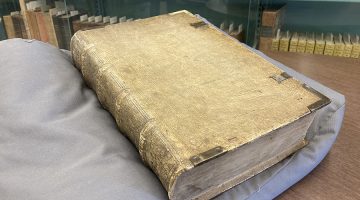 A book published in 1530 on display in Special Collections