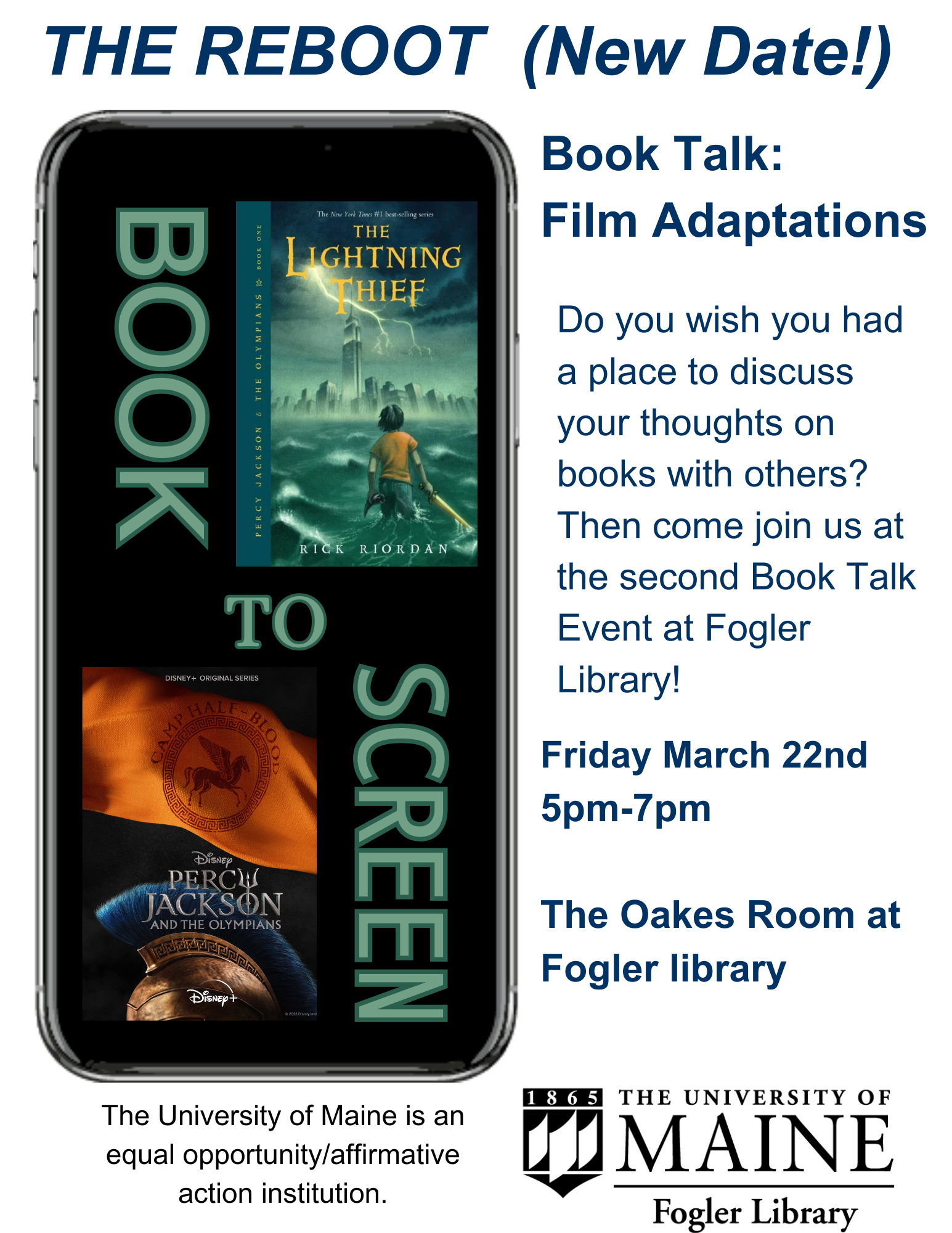 Image of a phone screen featuring the book cover for The Lightning Thief by Rick Riordan next to the series poster for Percy Jackson and the Olympians, based upon the book series.