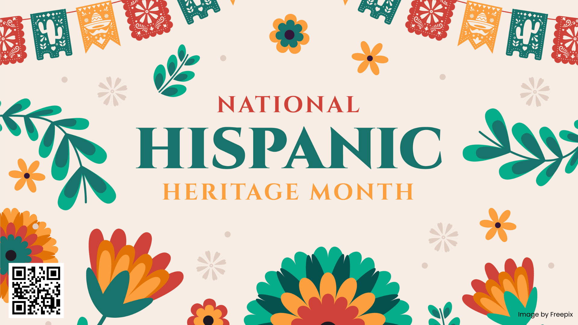 flowers and cut-out paper banners with Naitional Hispanic Heritage Month in the center