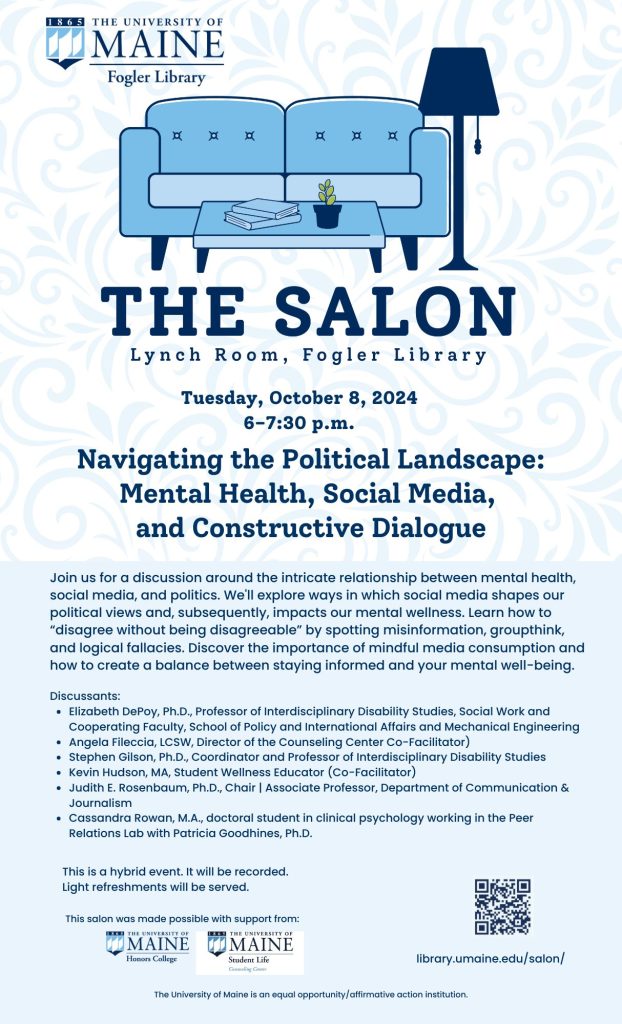 Flyer for the Salon event "Navigating the Political Landscape: Mental Health, Social Media and Constructive Dialog."