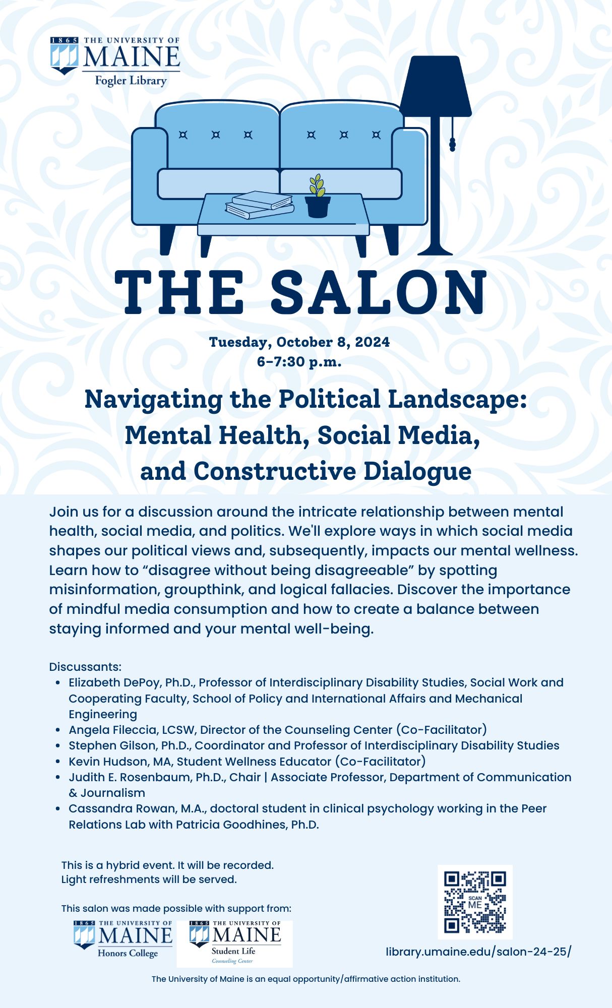 Flyer advertising the Salon event "Navigating the Political Landscape: Mental Health, Social Media, and Constructive Dialog.