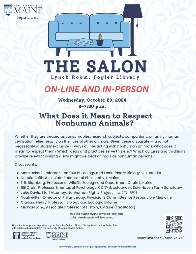 Flyer advertising the Salon event the event "What does it mean to respect nonhuman animals?"