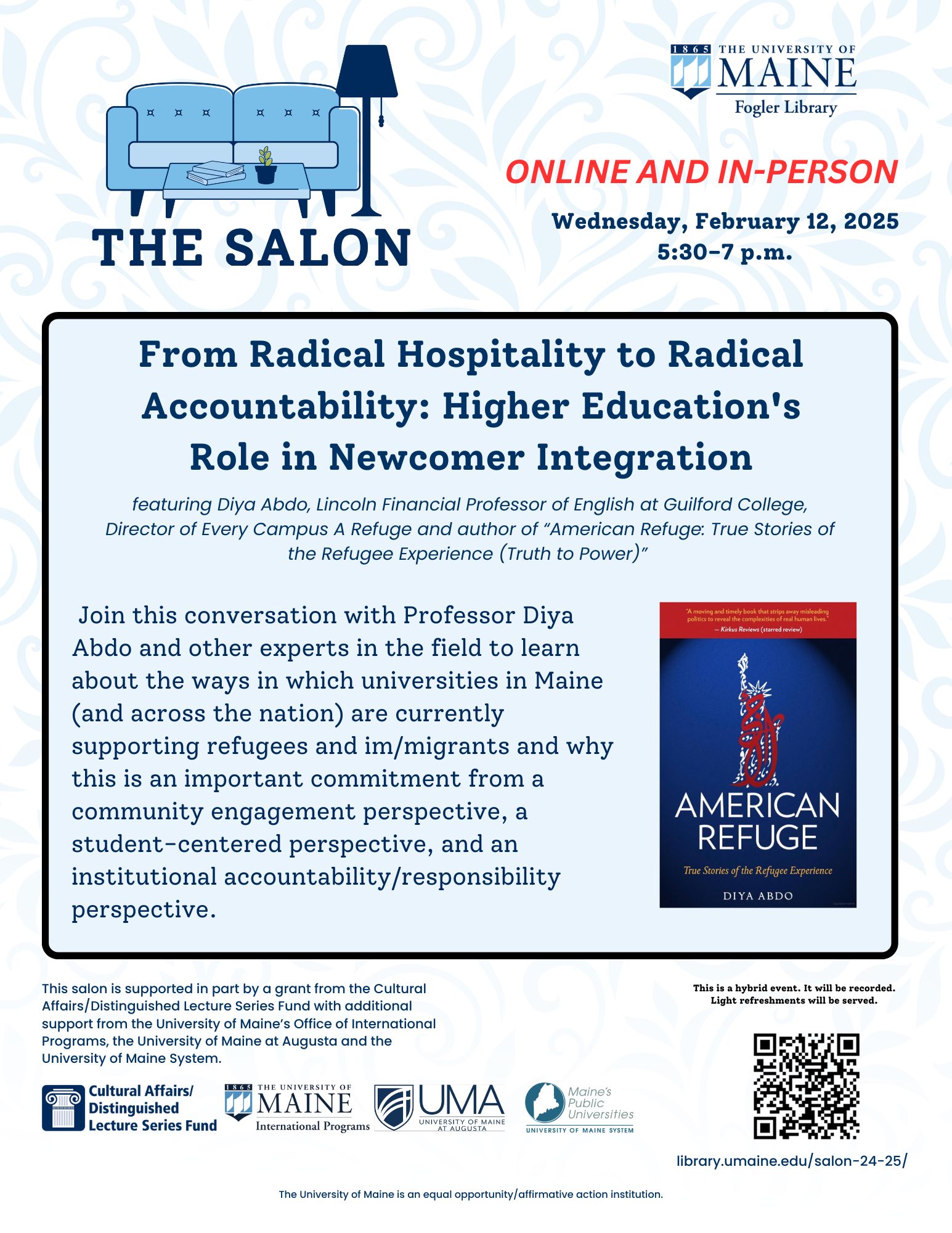 Flyer advertising the Salon event "From Radical Hospitality to Radical Accountability: Higher Education's Role in Newcomer Integration"